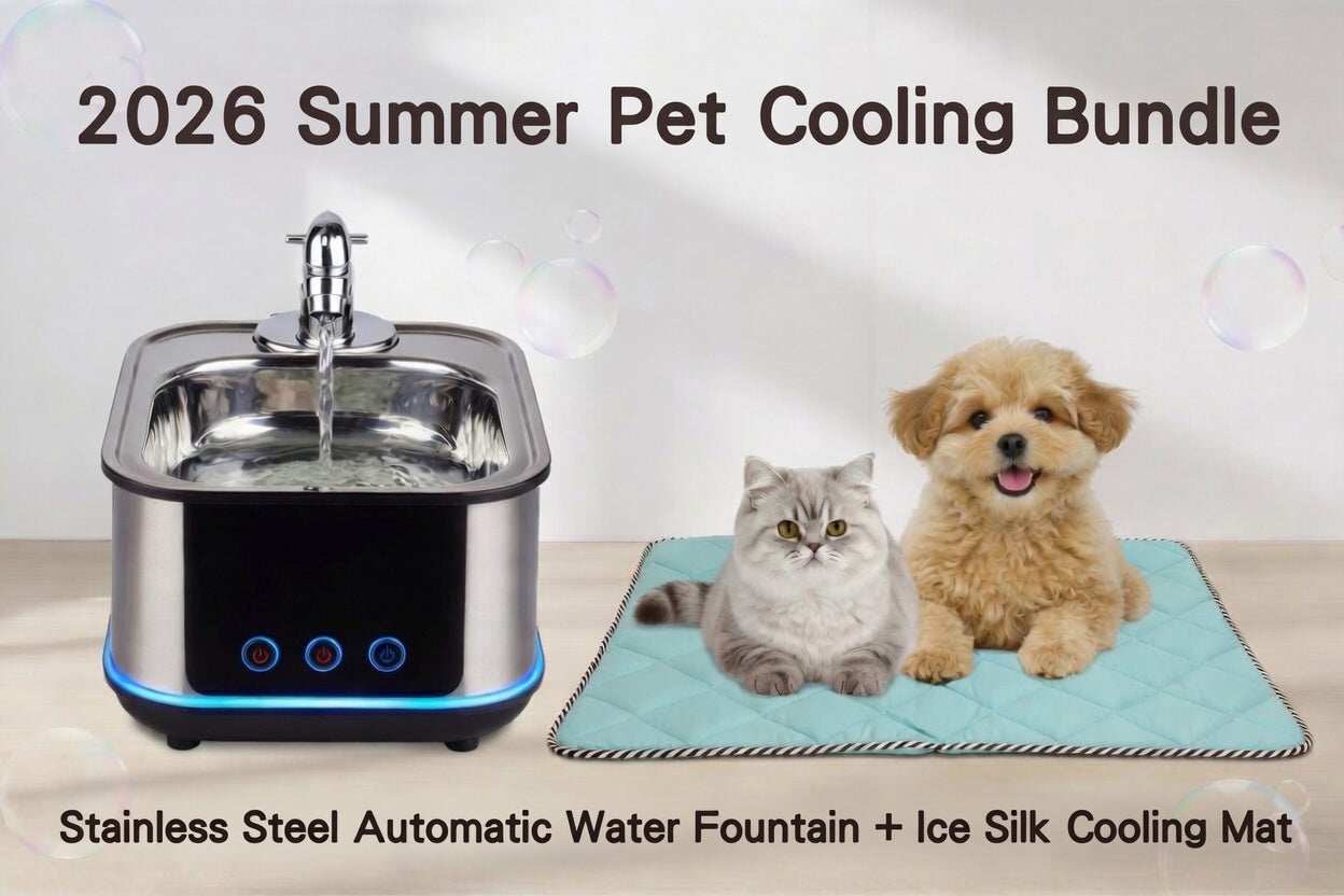 2026 Summer Pet Cooling Combo | Stainless Steel Automatic Water Fountain + Ice Silk Cooling Mat