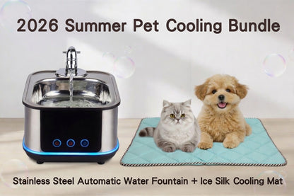 2026 Summer Pet Cooling Combo | Stainless Steel Automatic Water Fountain + Ice Silk Cooling Mat