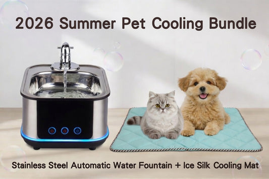 2026 Summer Pet Cooling Combo | Stainless Steel Automatic Water Fountain + Ice Silk Cooling Mat